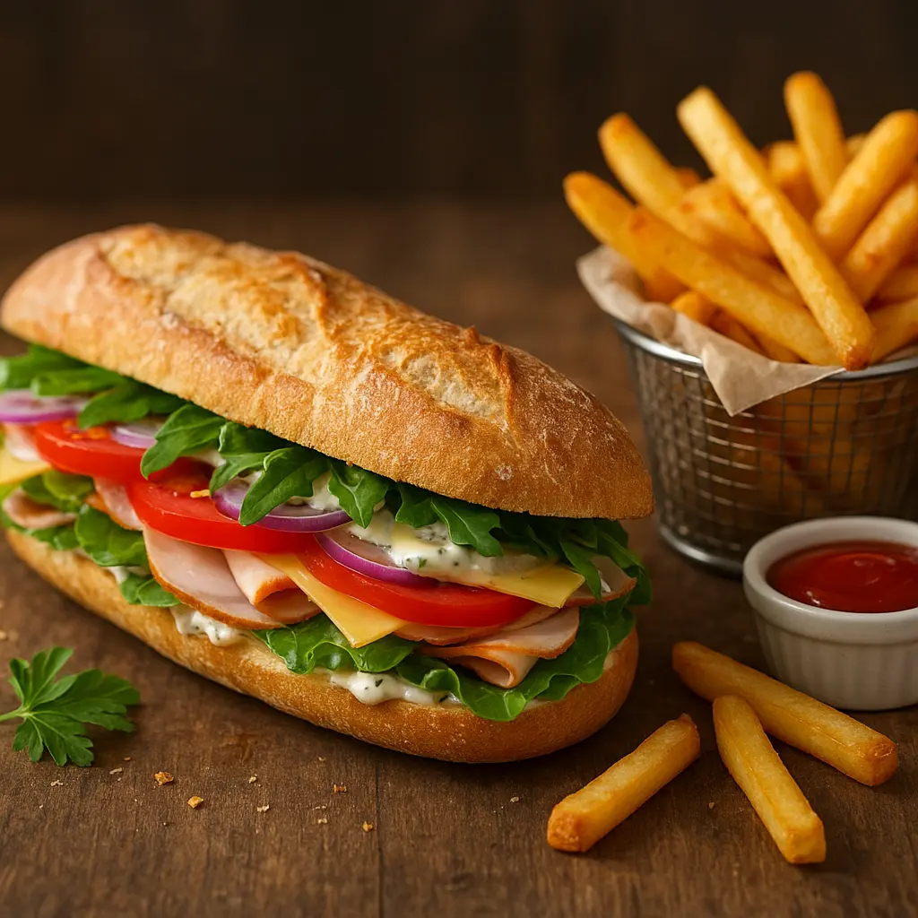 Gourmet baguette sandwich with fries